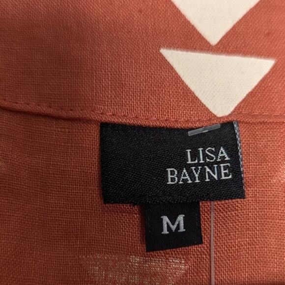 Lisa Bayne Orange V-Neck Short Sleeve Linen Dress Triangle Print Cuffed Sleeve M - Picture 3 of 10